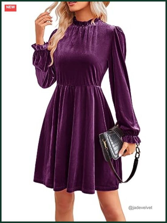 Dresses & Skirts - Women's Velvet Fit & Flare Mini Dress Long Sleeve Ruffle Neck Wedding Guest